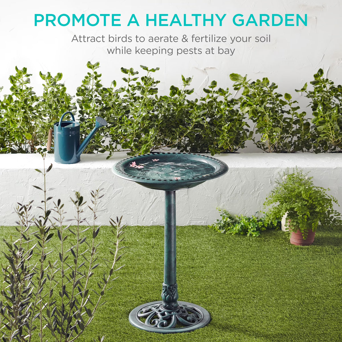 Outdoor Rustic Pedestal Bird Bath Accent for Garden, Yard W/ Fleur-De-Lis Accents - Green