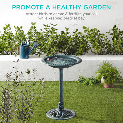 Outdoor Rustic Pedestal Bird Bath Accent for Garden, Yard W/ Fleur-De-Lis Accents - Green