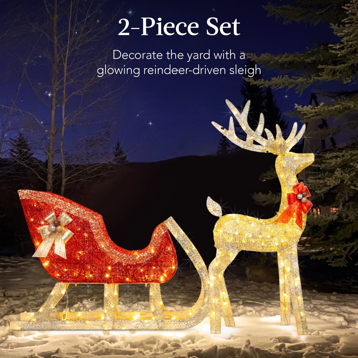 Lighted Christmas 4Ft Reindeer & Sleigh Holiday Outdoor Decor Set W/205 LED Lights, Stakes - Gold