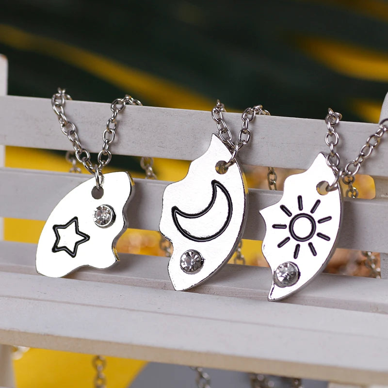 3Pcs Best Friend Zircon Sun Star Moon Pendant Necklace Friendship Choker Chain 2025 Fashion Jewelry Accessories Gift