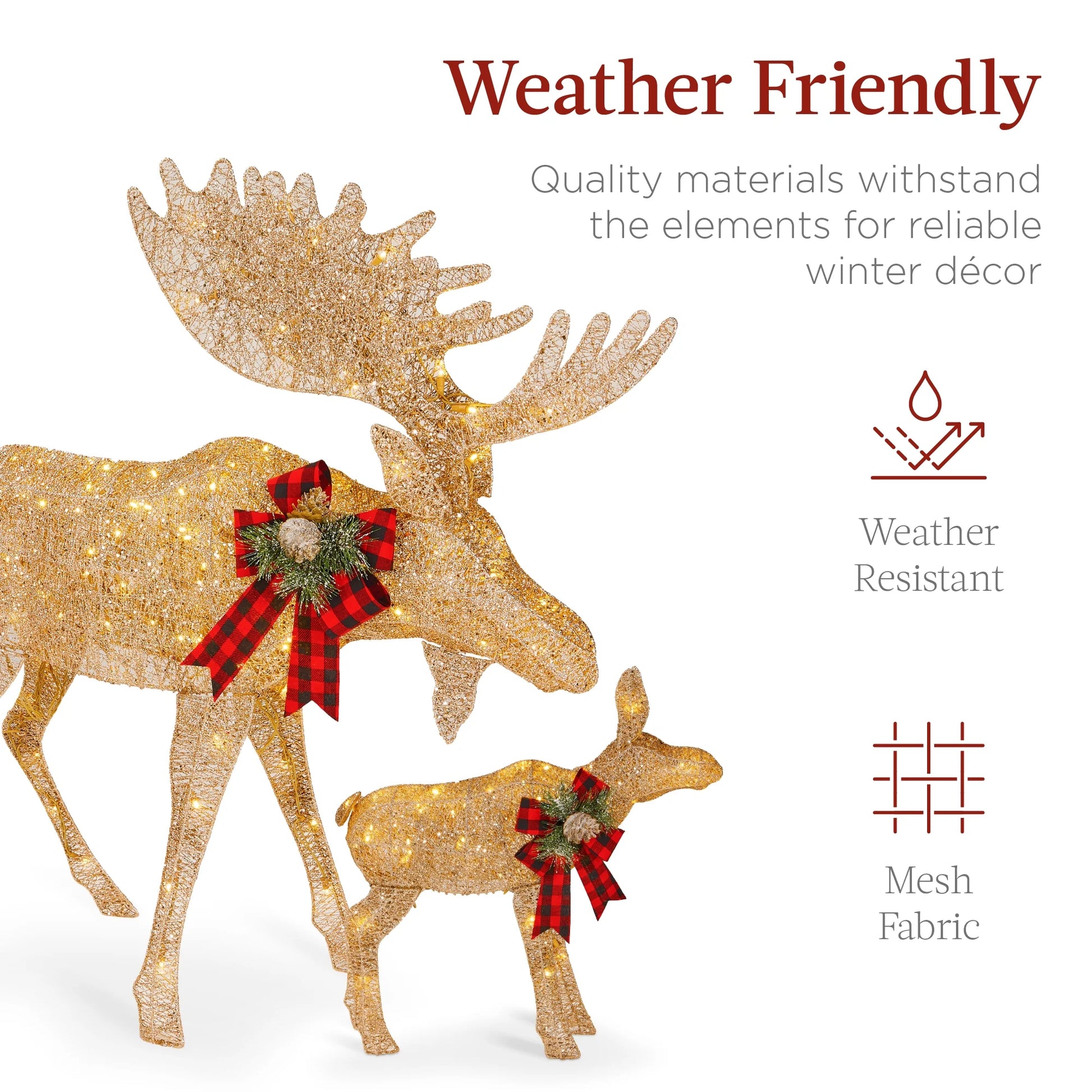2-Piece Moose Family Lighted Christmas Yard Decor Set W/ 170 LED Lights, Stakes, Zip Ties - Gold