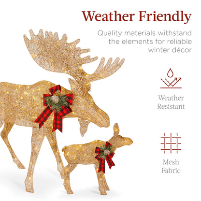 2-Piece Moose Family Lighted Christmas Yard Decor Set W/ 170 LED Lights, Stakes, Zip Ties - Gold