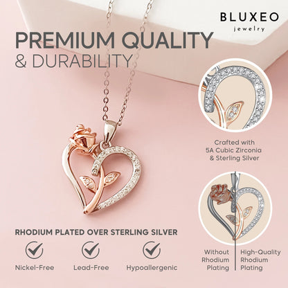 Sterling Silver Necklace for Women Mom Gift for Wife from Husband Valentines Day Girlfriend Rose Heart Necklace for Girlfriend Birthday Gifts Mother Daughter Pendant