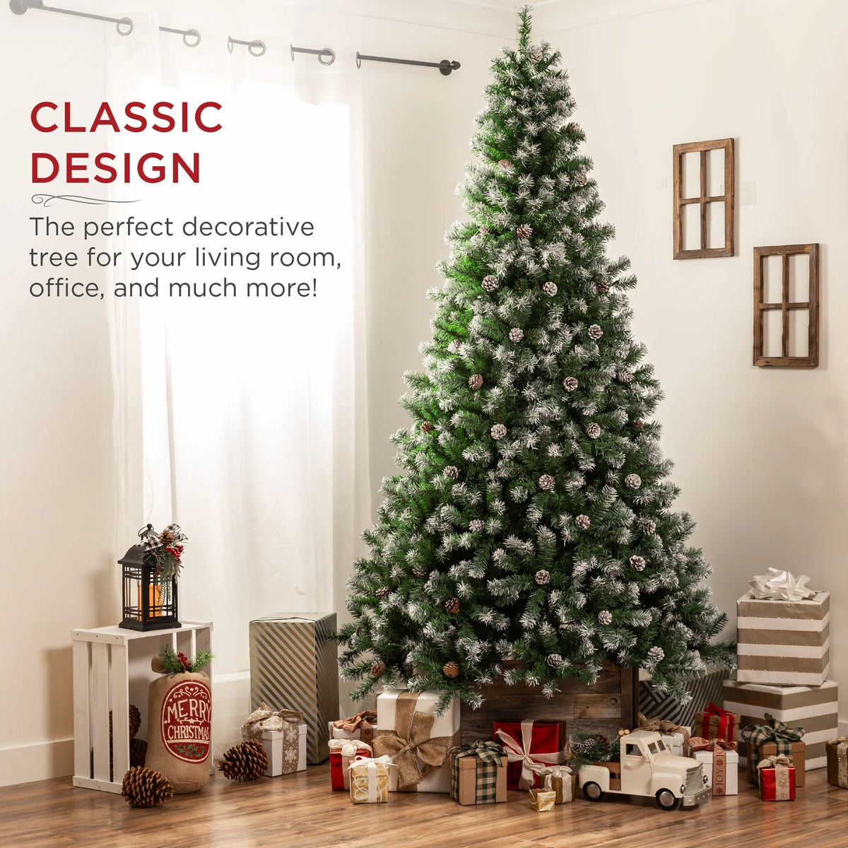 6Ft Pre-Decorated Holiday Christmas Pine Tree W/1,000 Branch Tips, Partially Flocked, Base Green