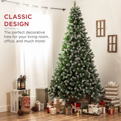 6Ft Pre-Decorated Holiday Christmas Pine Tree W/1,000 Branch Tips, Partially Flocked, Base Green