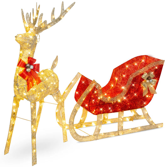 Lighted Christmas 4Ft Reindeer & Sleigh Holiday Outdoor Decor Set W/205 LED Lights, Stakes - Gold