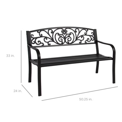 Outdoor Steel Bench Garden Patio Porch Furniture W/ Floral Design Backrest - Black