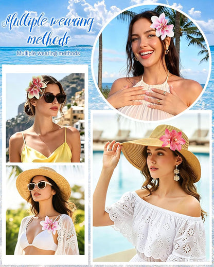 3 PCS Hawaiian Flower Hair Clips for Women Artificial Orchid Hair Barrettes Hibiscus Flower Hair Clips for Wedding Bridal Beach Party(Pink+Rose+Green)