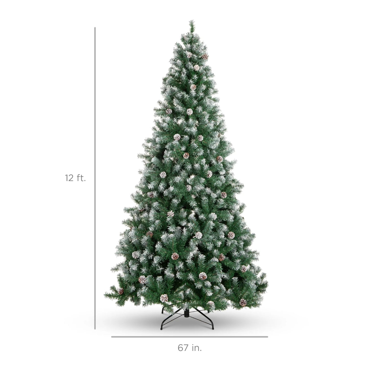 12Ft Pre-Decorated Holiday Christmas Pine Tree W/4,188 Branch Tips, Partially Flocked, Base Green