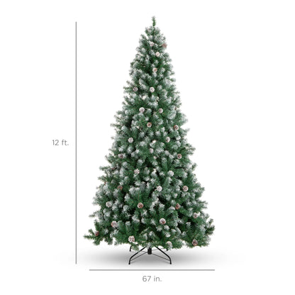 12Ft Pre-Decorated Holiday Christmas Pine Tree W/4,188 Branch Tips, Partially Flocked, Base Green