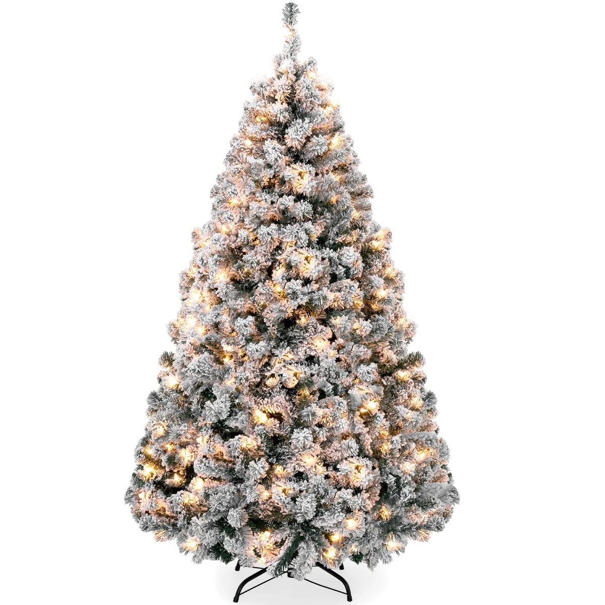 6Ft Pre-Lit Holiday Christmas Pine Tree W/ Snow Flocked Branches, 250 Warm White Lights