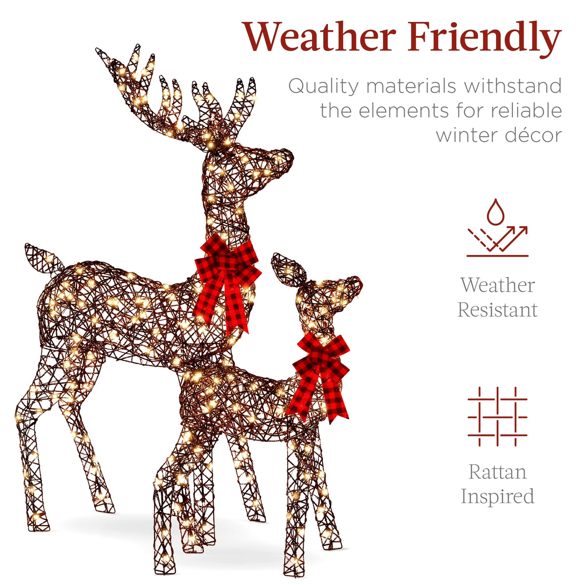 3-Piece Lighted Christmas Deer Set Outdoor Yard Decoration W/ 360 LED Lights, Stakes - Rattan