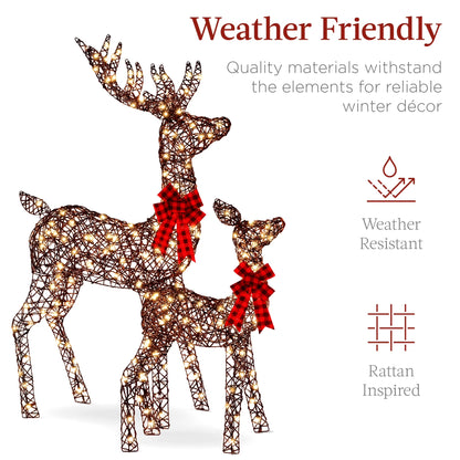 3-Piece Lighted Christmas Deer Set Outdoor Yard Decoration W/ 360 LED Lights, Stakes - Rattan