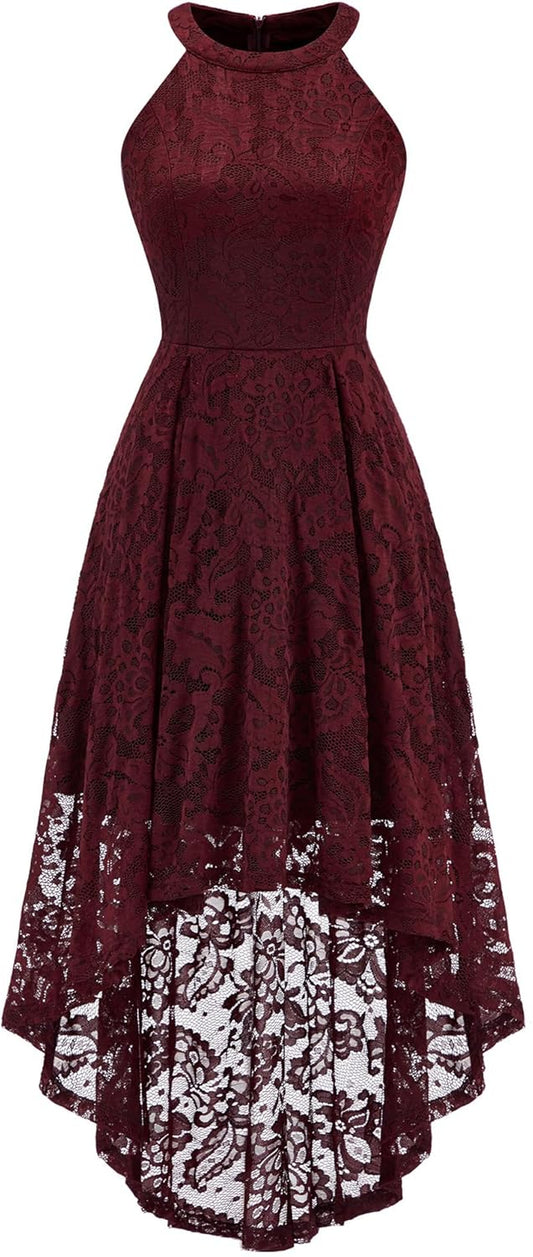 Women Halter Lace Wedding Guest Dress Hi-Lo Cocktail Party Bridesmaid Formal Dresses